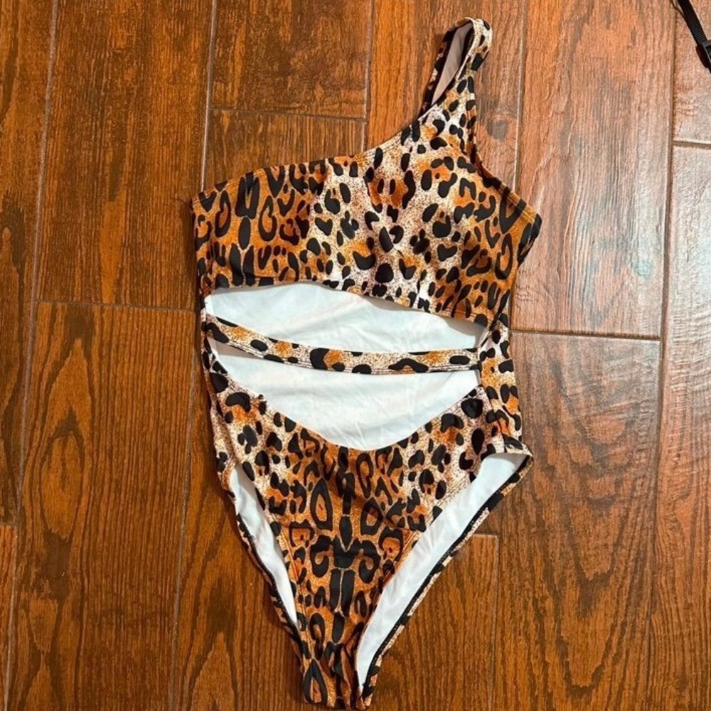 Leopard Print One Shoulder Cutout Swimsuit Brown Animal Print Monokini Medium